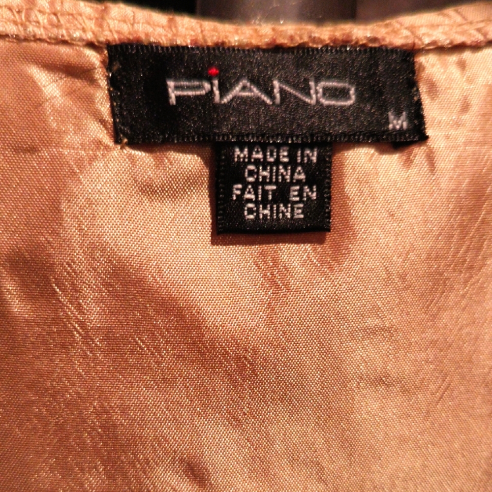 FINAL PRICE Piano Gold Satin Blouse With Pleated Neckline & Sleeves Medium